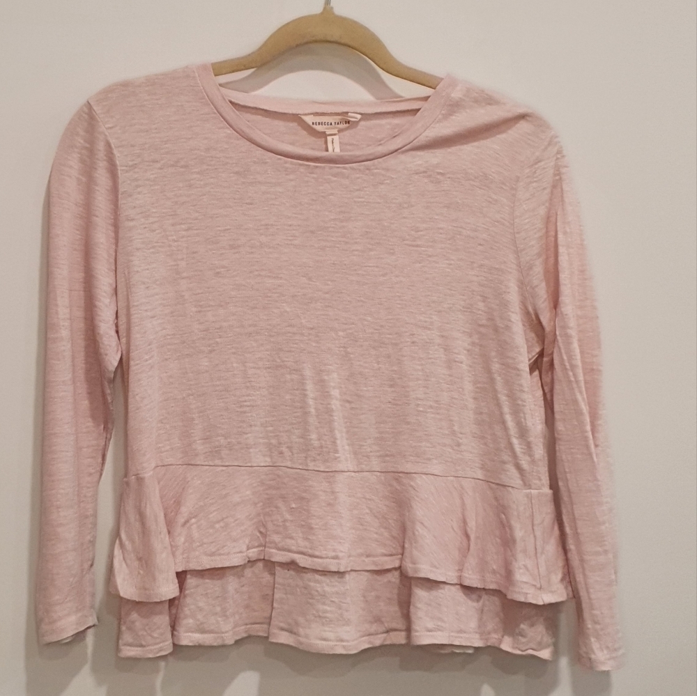 Rebecca Taylor Pink Long Sleeve Top With Ruffle Hem, Medium
